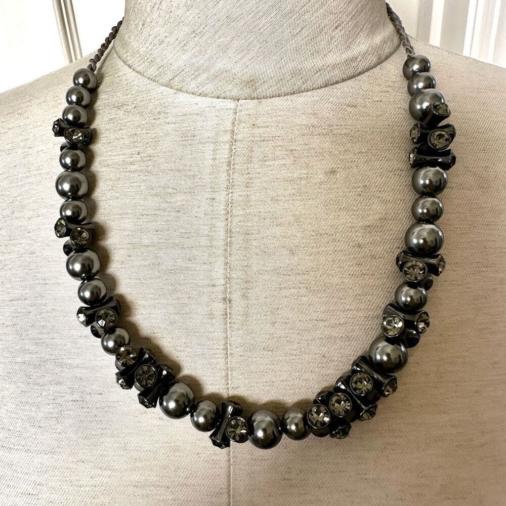 J Crew grey faux pearl rhinestone tie back necklace